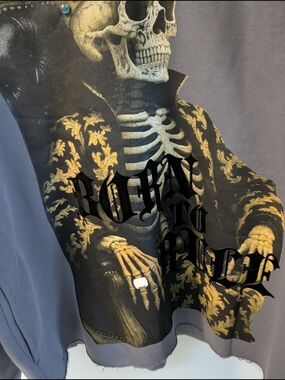 Gray Graphic Hoodie with Gold Crown Skeleton Print
